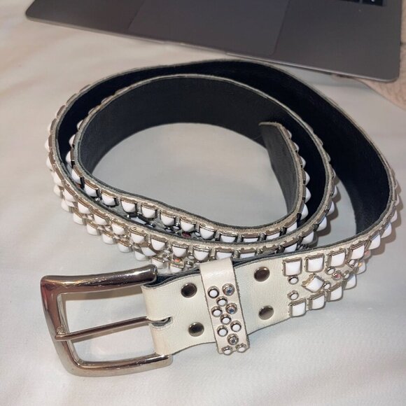 Rn Design Womens Belt Size Large White Leather Studded Swarosky Crystals main image 5